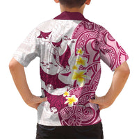 Maori Manta Ray Plumeria Royal Pink Family Matching Off Shoulder Short Dress and Hawaiian Shirt