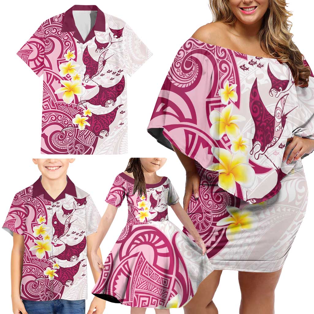 Maori Manta Ray Plumeria Royal Pink Family Matching Off Shoulder Short Dress and Hawaiian Shirt