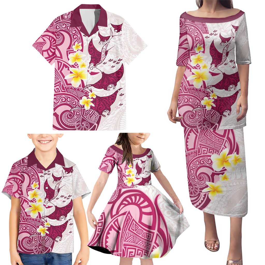 Maori Manta Ray Plumeria Royal Pink Family Matching Puletasi and Hawaiian Shirt
