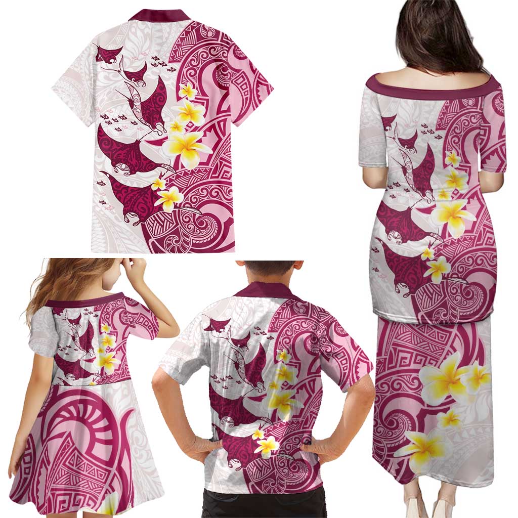 Maori Manta Ray Plumeria Royal Pink Family Matching Puletasi and Hawaiian Shirt