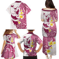 Maori Manta Ray Plumeria Royal Pink Family Matching Puletasi and Hawaiian Shirt