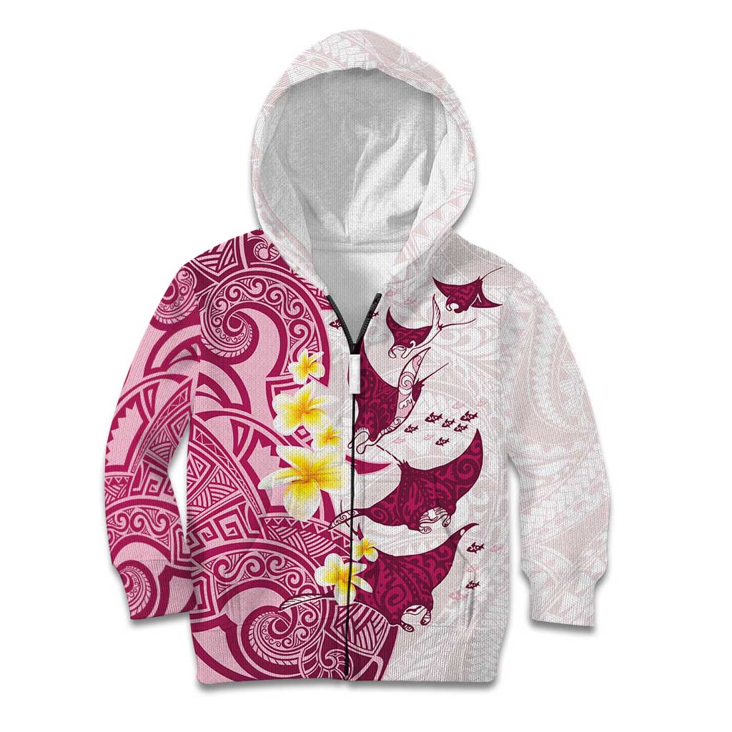 Maori Manta Ray Plumeria Royal Pink Kid Hoodie LT01 Zip Hoodie Pink - Polynesian Pride