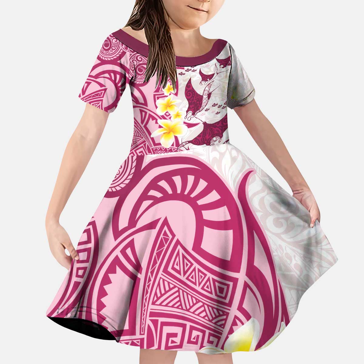 Maori Manta Ray Plumeria Royal Pink Kid Short Sleeve Dress