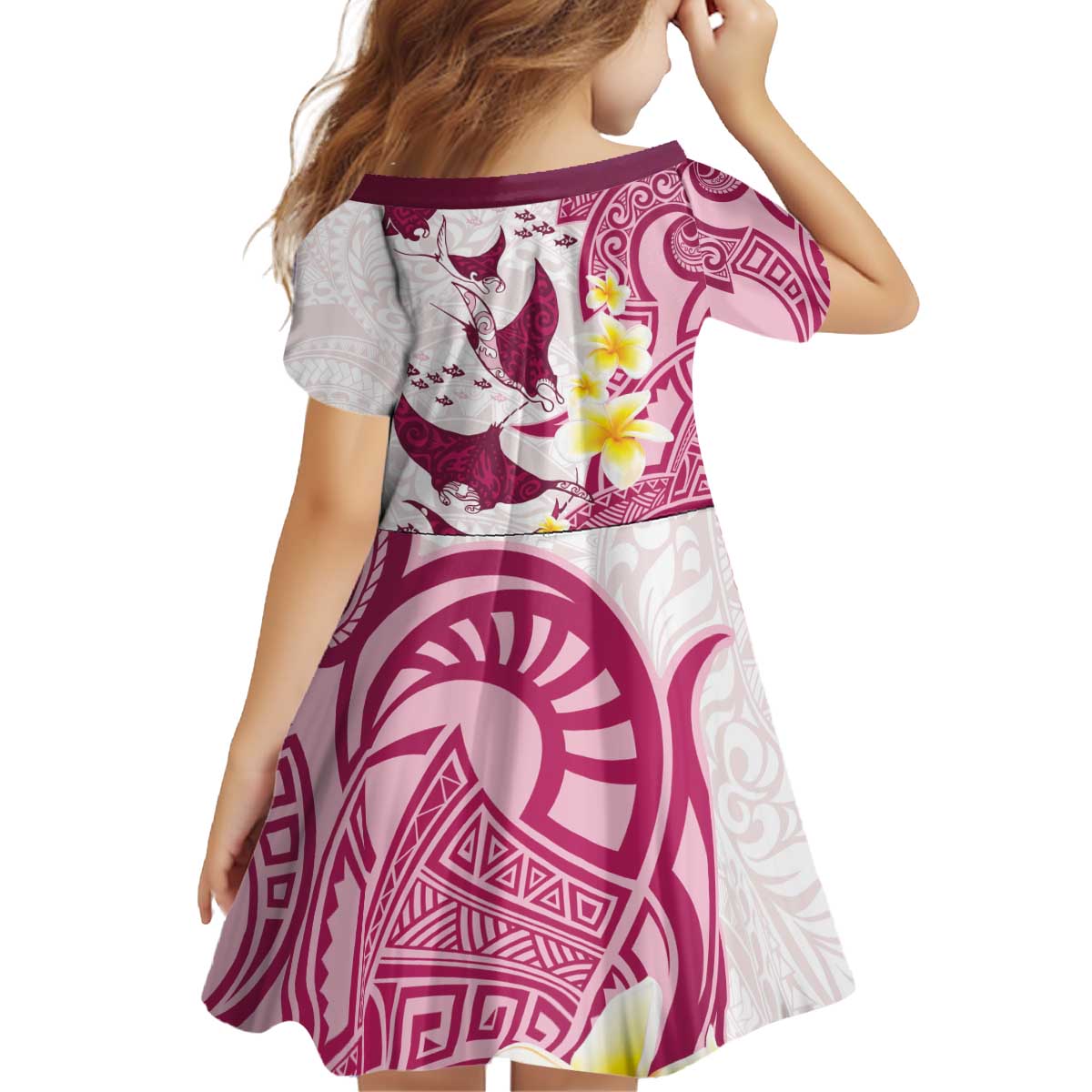 Maori Manta Ray Plumeria Royal Pink Kid Short Sleeve Dress