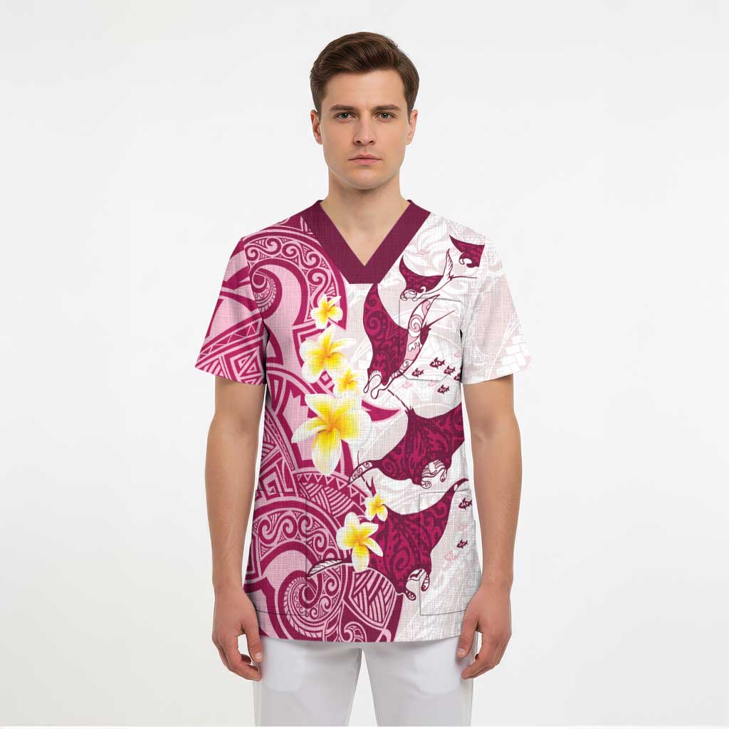Maori Manta Ray Plumeria Royal Pink Scrub Top - Polynesian Pride