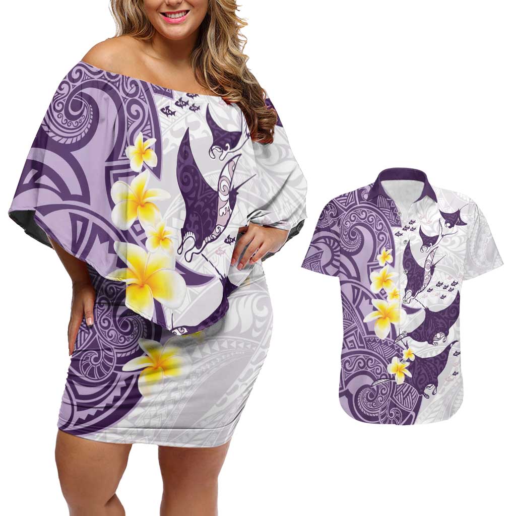 Maori Manta Ray Plumeria Deep Purple Couples Matching Off Shoulder Short Dress and Hawaiian Shirt
