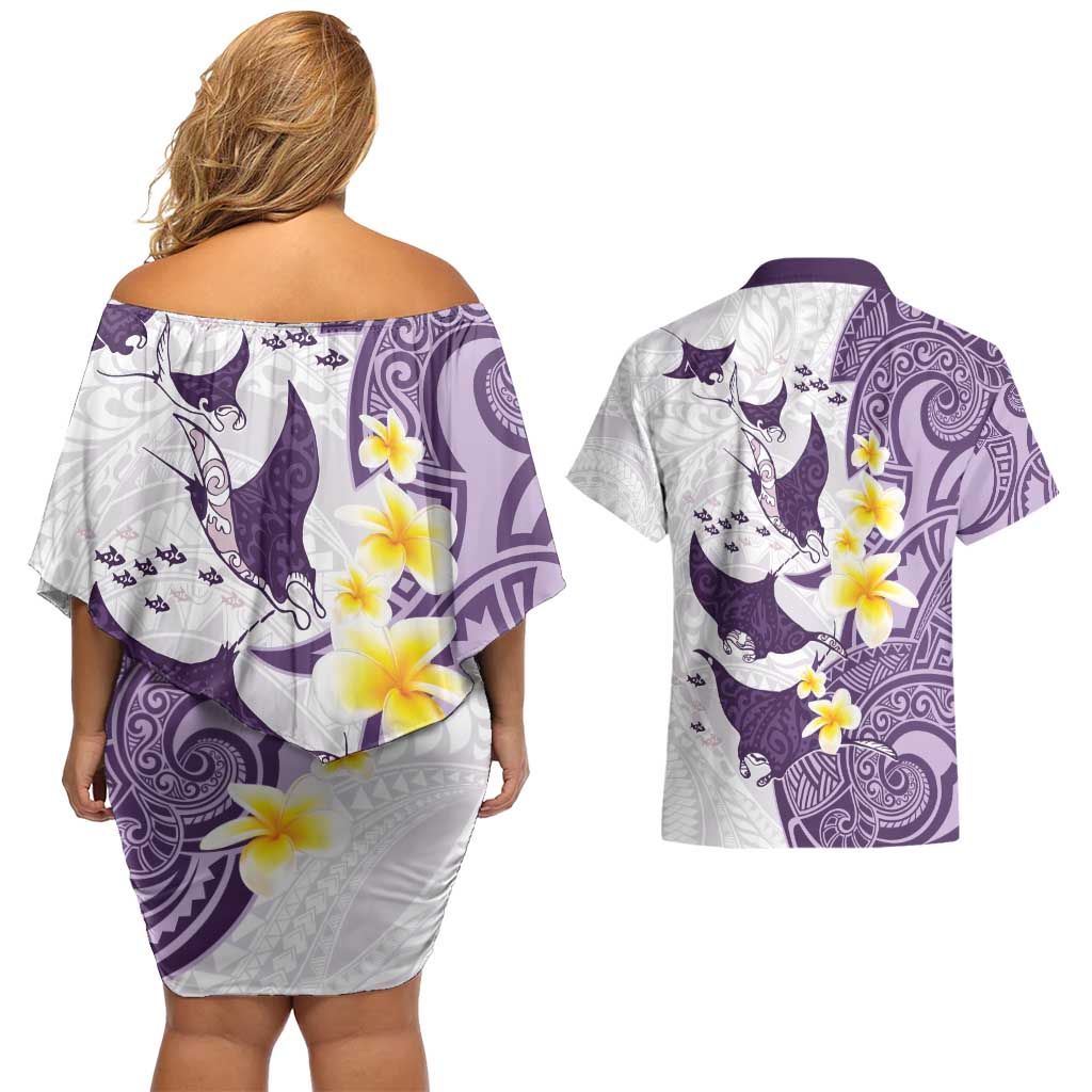 Maori Manta Ray Plumeria Deep Purple Couples Matching Off Shoulder Short Dress and Hawaiian Shirt
