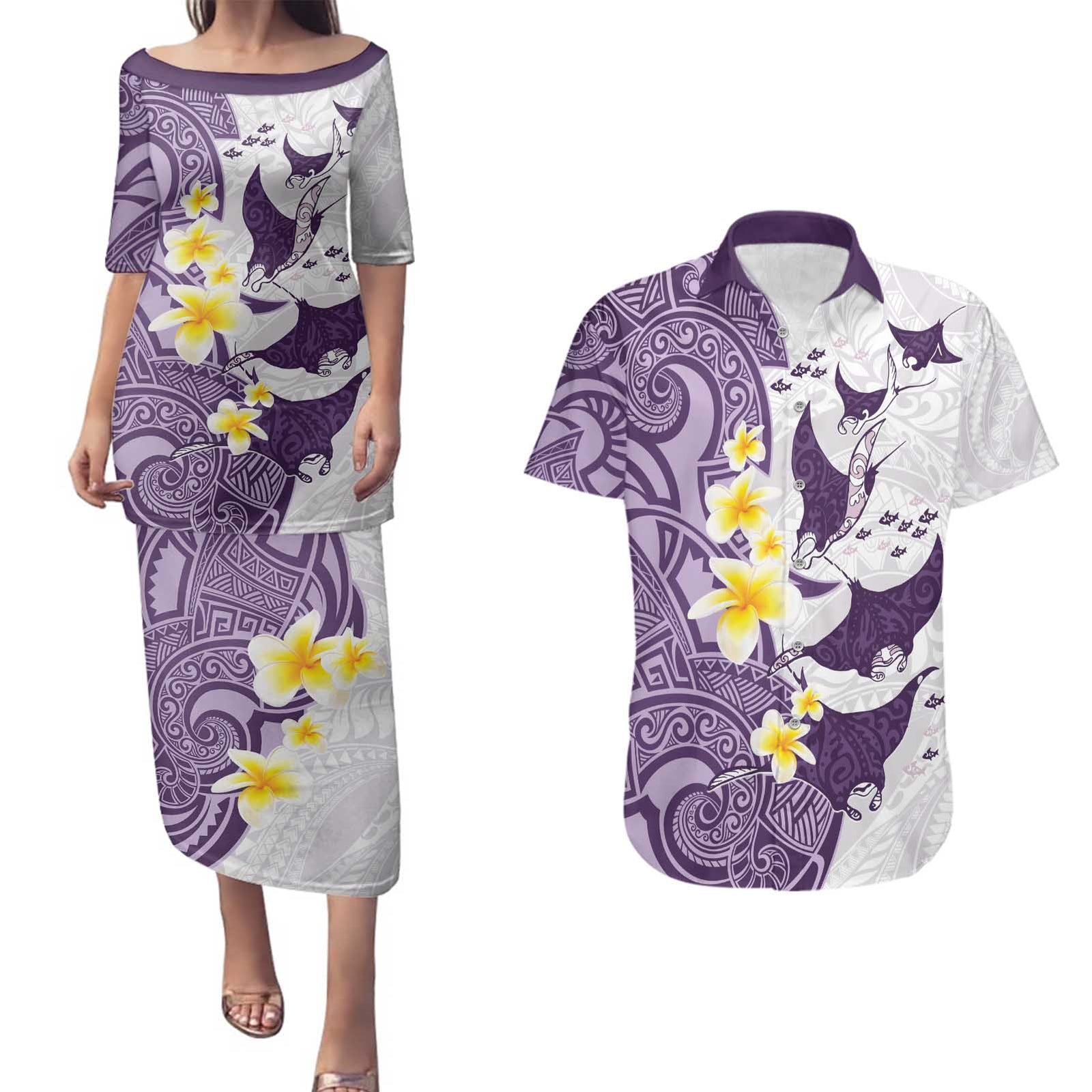 Maori Manta Ray Plumeria Deep Purple Couples Matching Puletasi and Hawaiian Shirt