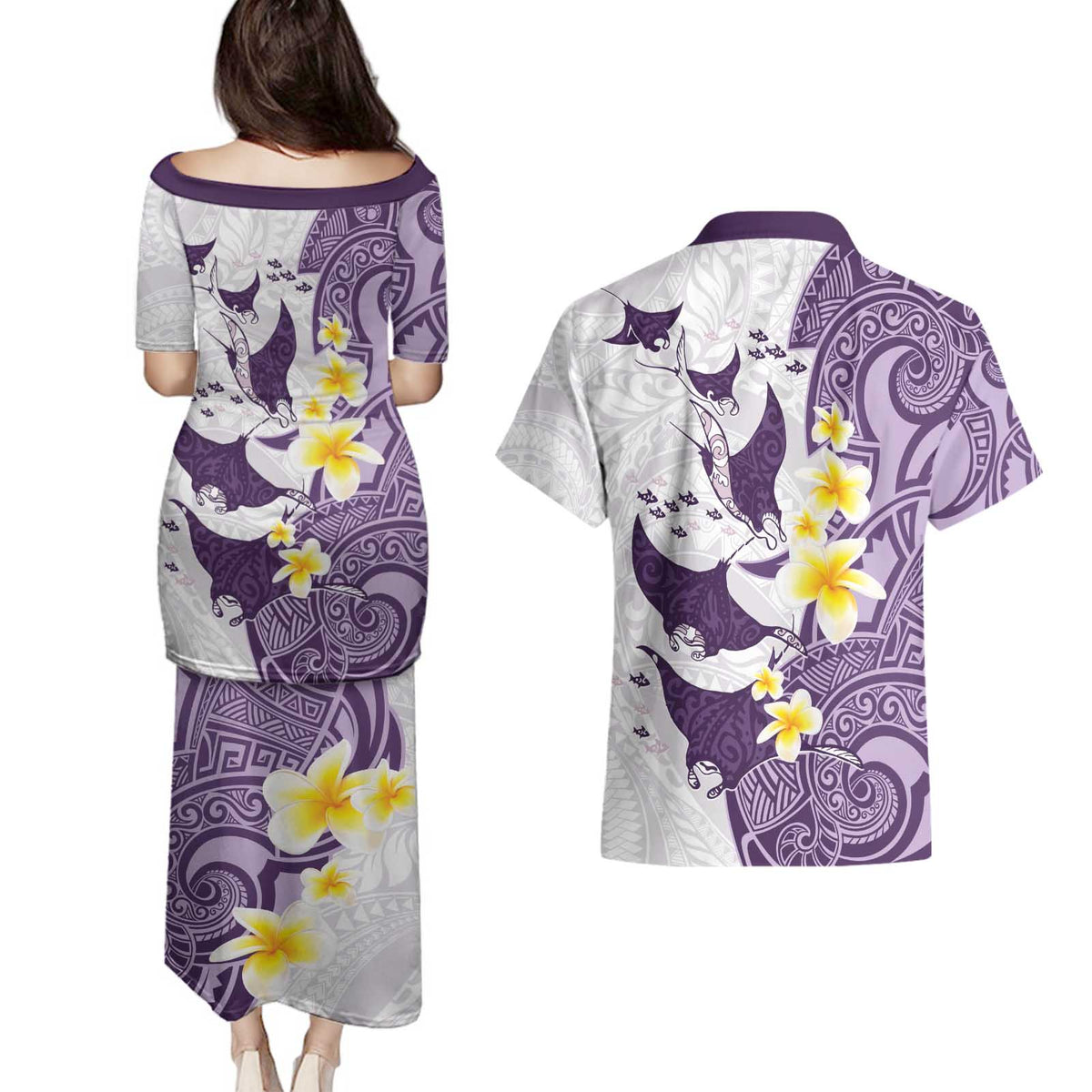 Maori Manta Ray Plumeria Deep Purple Couples Matching Puletasi and Hawaiian Shirt