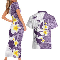 Maori Manta Ray Plumeria Deep Purple Couples Matching Short Sleeve Bodycon Dress and Hawaiian Shirt