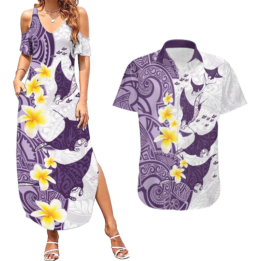 Maori Manta Ray Plumeria Deep Purple Couples Matching Summer Maxi Dress and Hawaiian Shirt