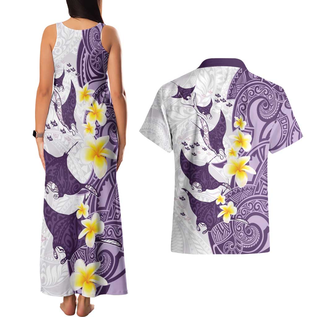 Maori Manta Ray Plumeria Deep Purple Couples Matching Tank Maxi Dress and Hawaiian Shirt