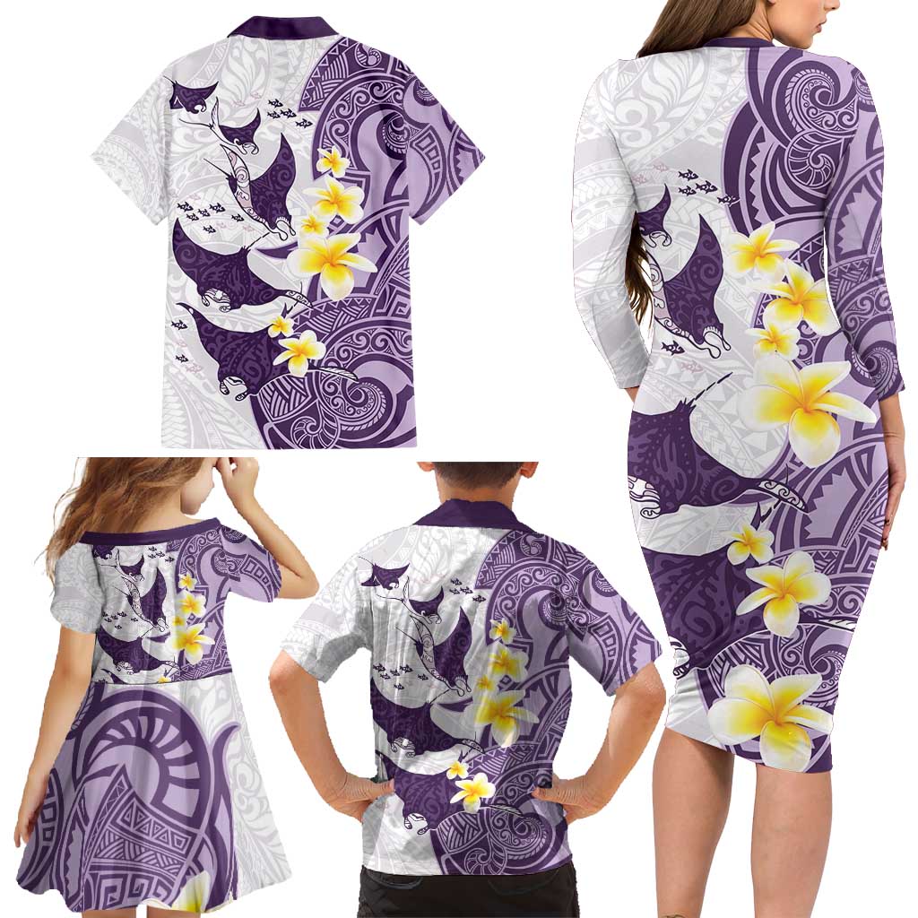 Maori Manta Ray Plumeria Deep Purple Family Matching Long Sleeve Bodycon Dress and Hawaiian Shirt