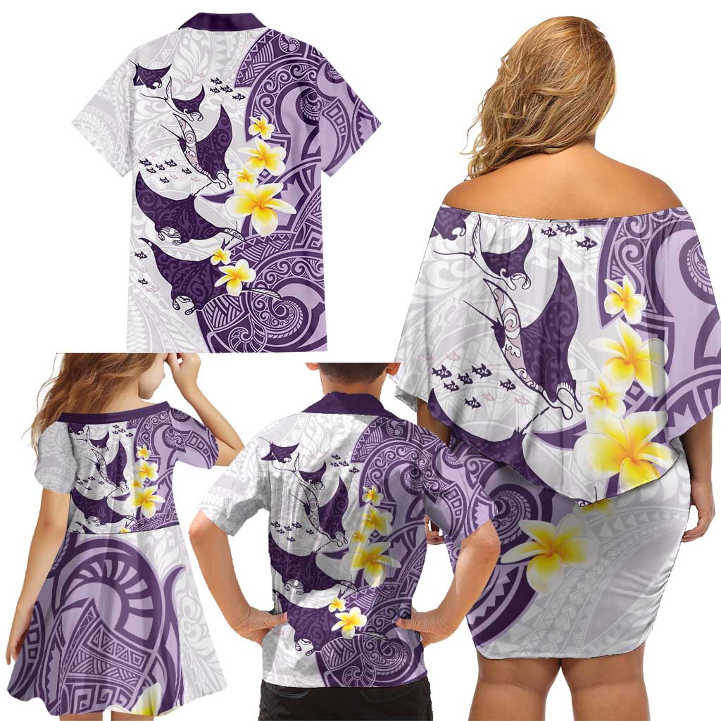 Maori Manta Ray Plumeria Deep Purple Family Matching Off Shoulder Short Dress and Hawaiian Shirt
