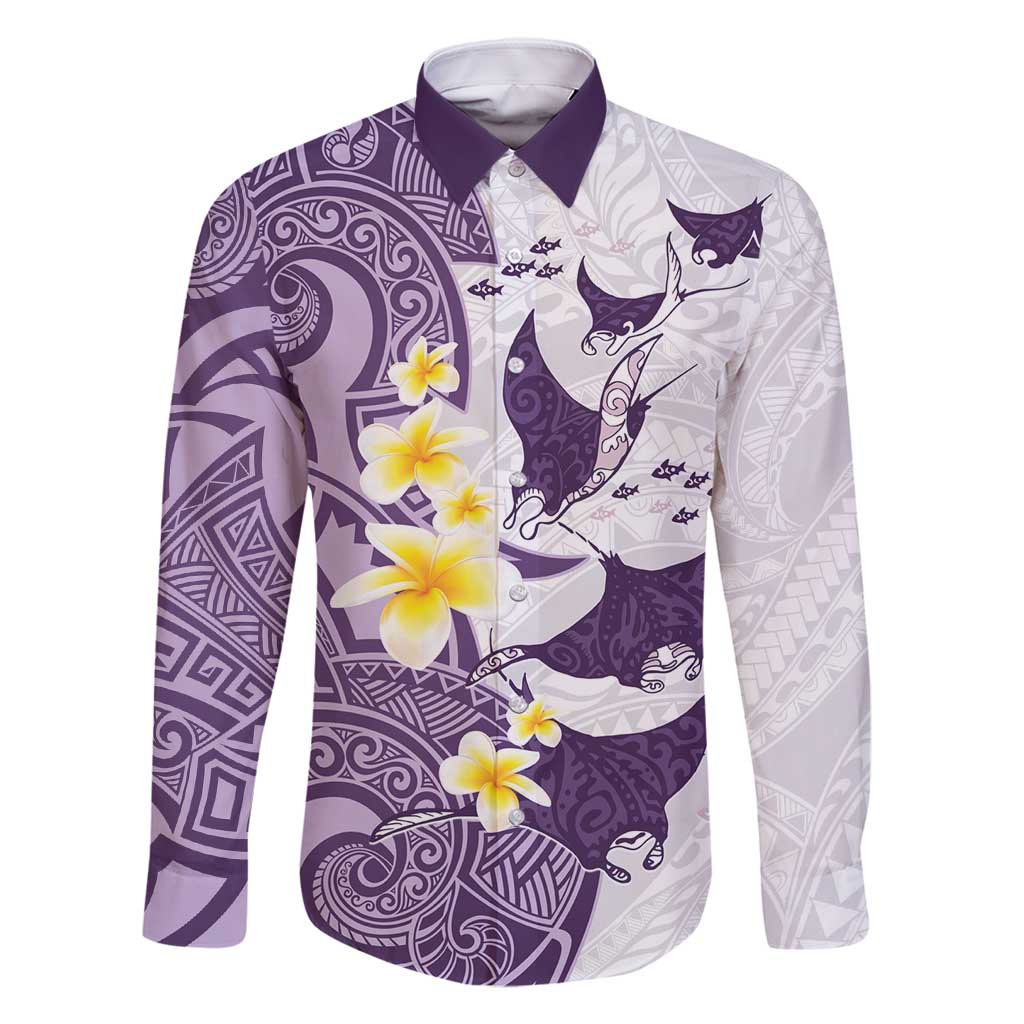 Maori Manta Ray Plumeria Deep Purple Family Matching Off Shoulder Short Dress and Hawaiian Shirt