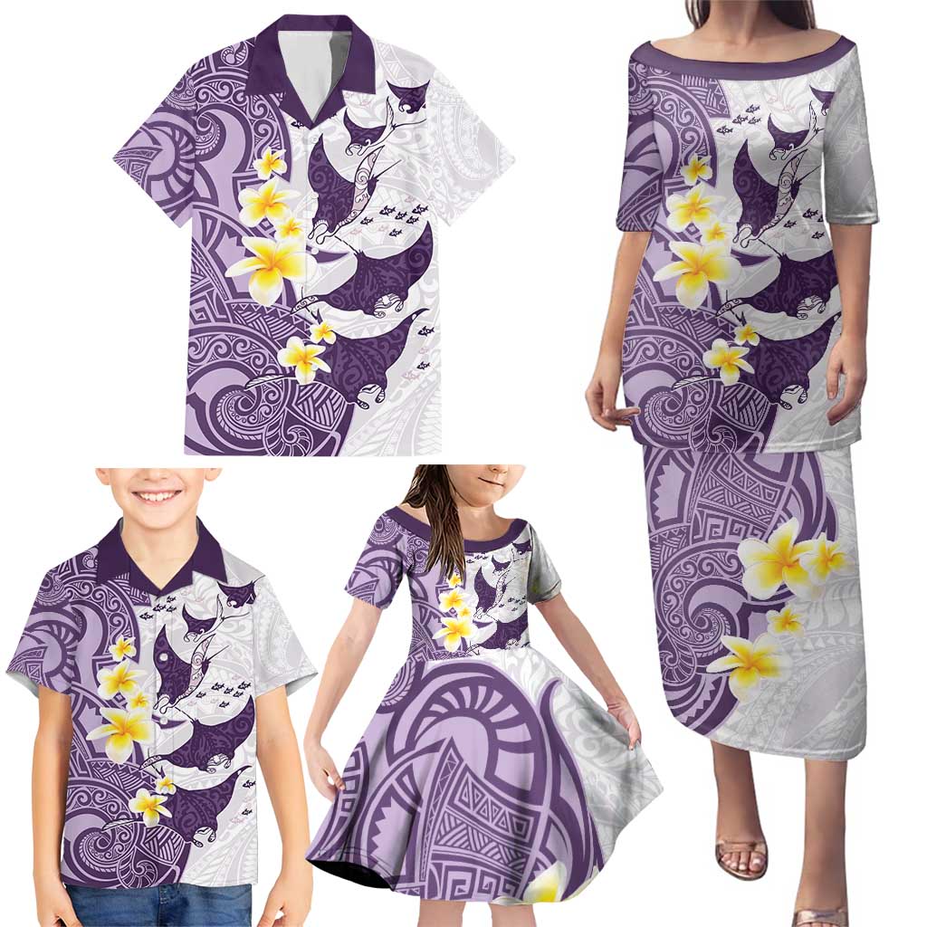 Maori Manta Ray Plumeria Deep Purple Family Matching Puletasi and Hawaiian Shirt