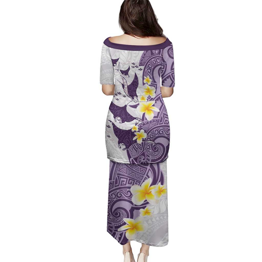Maori Manta Ray Plumeria Deep Purple Family Matching Puletasi and Hawaiian Shirt