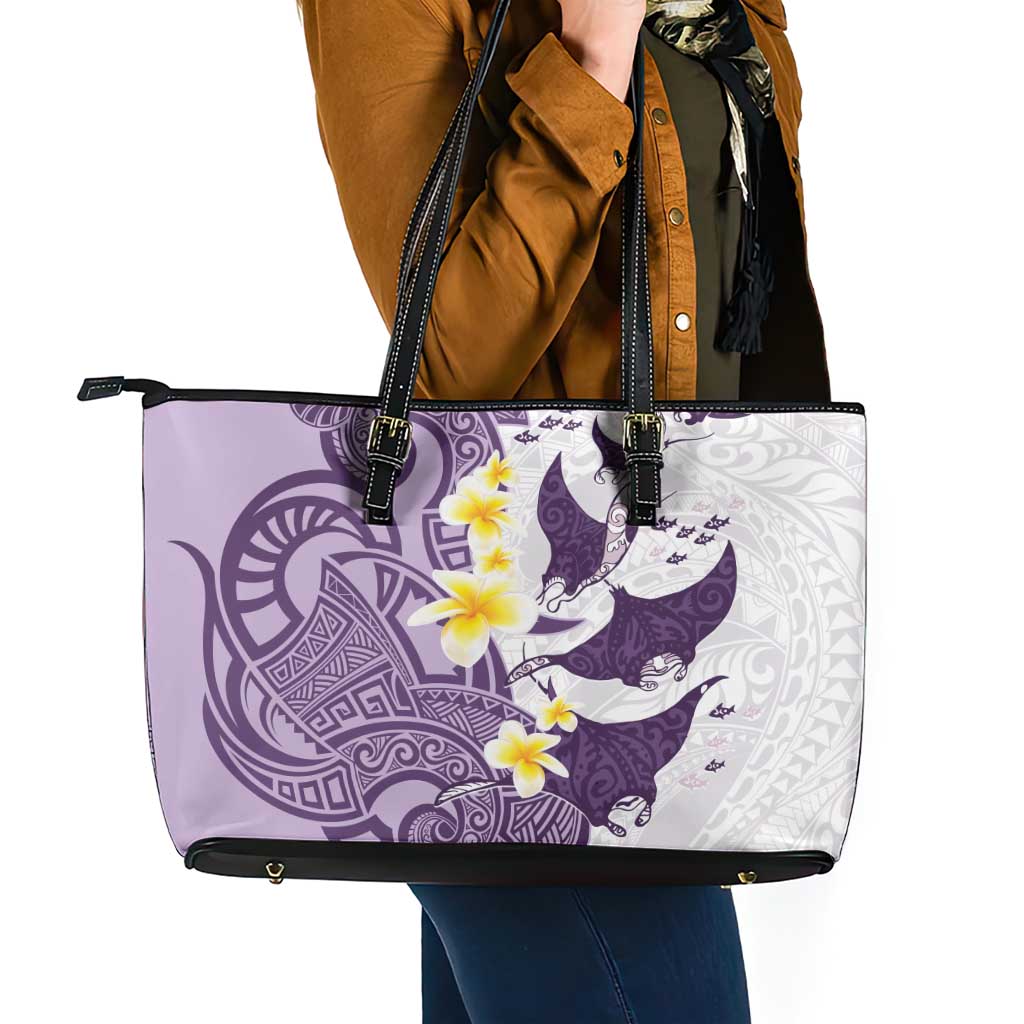 Maori Manta Ray Plumeria Deep Purple Leather Tote Bag