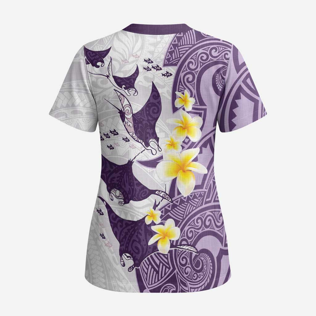 Maori Manta Ray Plumeria Deep Purple Scrub Top - Polynesian Pride