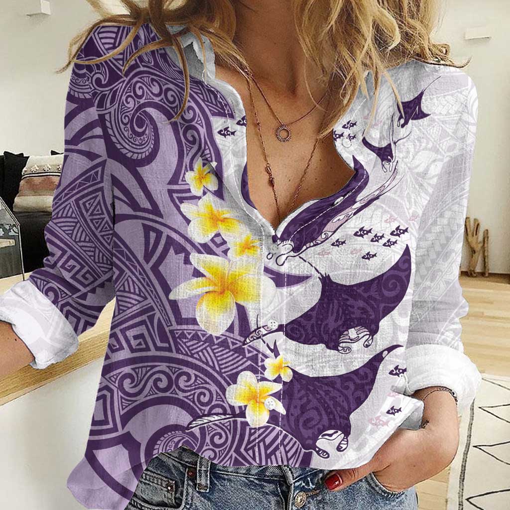 Maori Manta Ray Plumeria Deep Purple Women Casual Shirt
