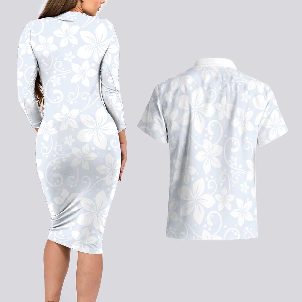 Plumeria Floral White Sunday Couples Matching Long Sleeve Bodycon Dress and Hawaiian Shirt
