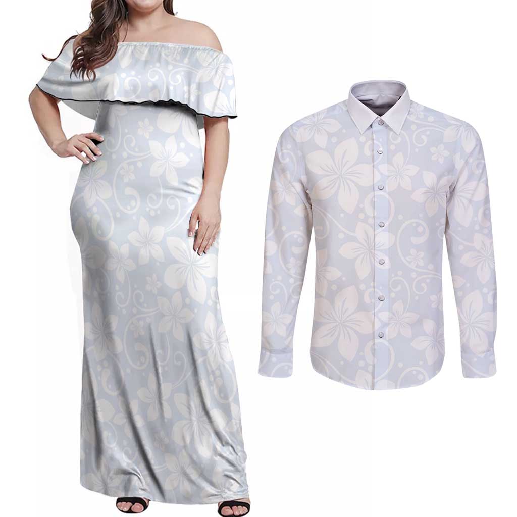 Plumeria Floral White Sunday Couples Matching Off Shoulder Maxi Dress and Long Sleeve Button Shirt