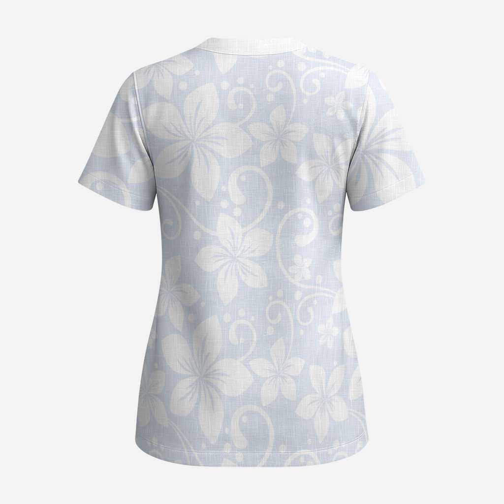 Plumeria Floral White Sunday Scrub Top - Polynesian Pride