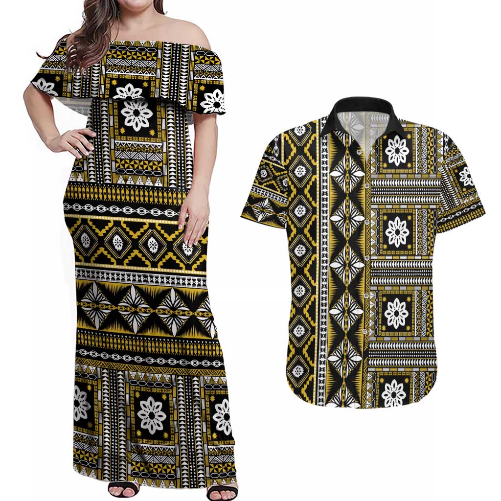 Fiji Masi Tapa Pattern Yellow Couples Matching Off Shoulder Maxi Dress and Hawaiian Shirt - Polynesian Pride