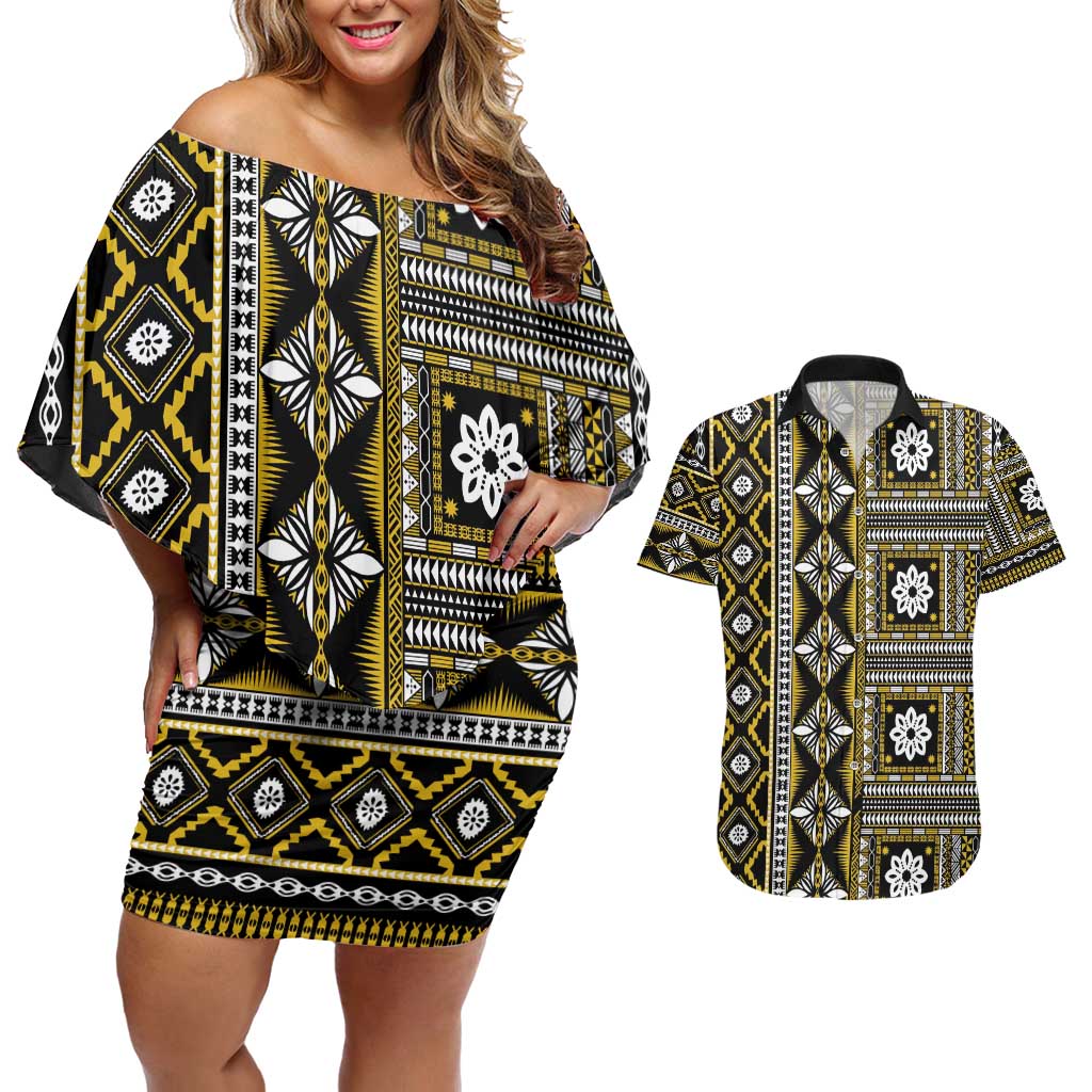 Fiji Masi Tapa Pattern Yellow Couples Matching Off Shoulder Short Dress and Hawaiian Shirt - Polynesian Pride