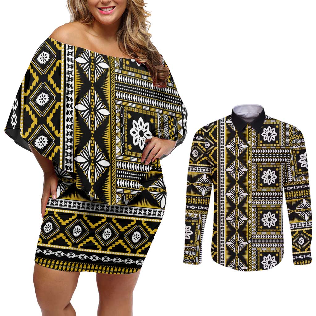 Fiji Masi Tapa Pattern Yellow Couples Matching Off Shoulder Short Dress and Long Sleeve Button Shirt - Polynesian Pride