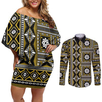Fiji Masi Tapa Pattern Yellow Couples Matching Off Shoulder Short Dress and Long Sleeve Button Shirt - Polynesian Pride