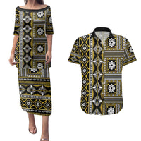 Fiji Masi Tapa Pattern Yellow Couples Matching Puletasi and Hawaiian Shirt - Polynesian Pride