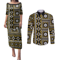 Fiji Masi Tapa Pattern Yellow Couples Matching Puletasi and Long Sleeve Button Shirt - Polynesian Pride