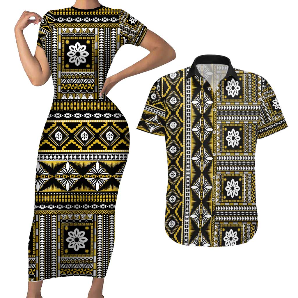 Fiji Masi Tapa Pattern Yellow Couples Matching Short Sleeve Bodycon Dress and Hawaiian Shirt - Polynesian Pride
