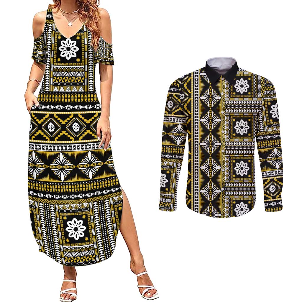 Fiji Masi Tapa Pattern Yellow Couples Matching Summer Maxi Dress and Long Sleeve Button Shirt - Polynesian Pride