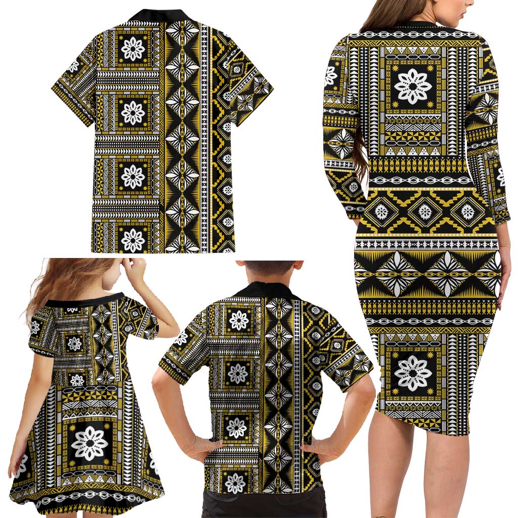 Fiji Masi Tapa Pattern Yellow Family Matching Long Sleeve Bodycon Dress and Hawaiian Shirt - Polynesian Pride