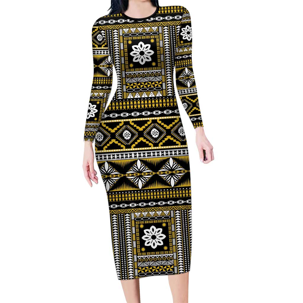 Fiji Masi Tapa Pattern Yellow Family Matching Long Sleeve Bodycon Dress and Hawaiian Shirt - Polynesian Pride
