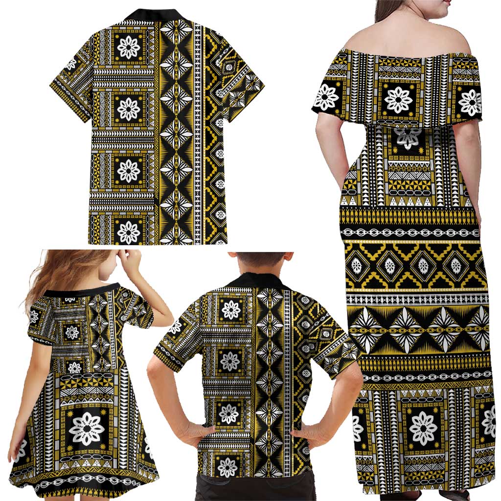 Fiji Masi Tapa Pattern Yellow Family Matching Off Shoulder Maxi Dress and Hawaiian Shirt - Polynesian Pride