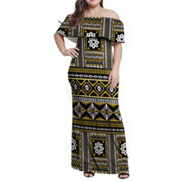 Fiji Masi Tapa Pattern Yellow Family Matching Off Shoulder Maxi Dress and Hawaiian Shirt - Polynesian Pride