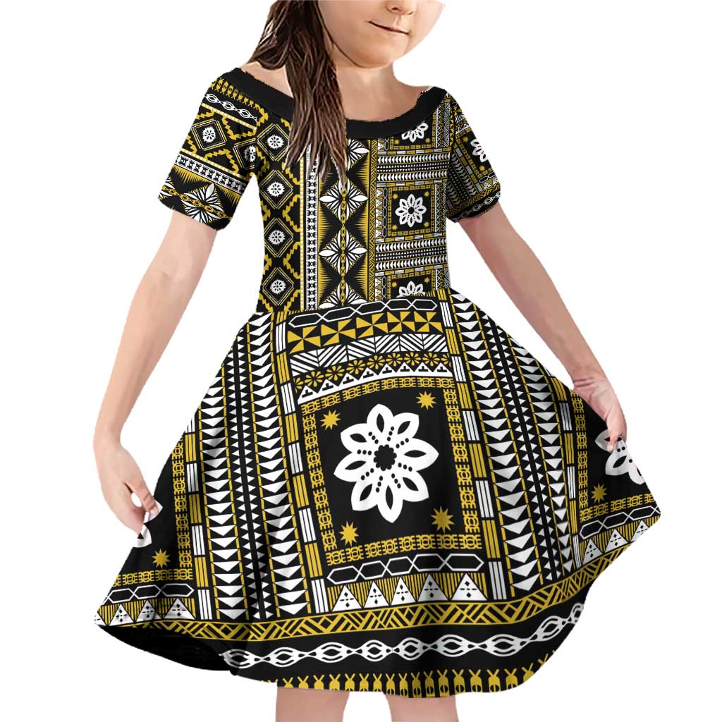 Fiji Masi Tapa Pattern Yellow Family Matching Off Shoulder Short Dress and Hawaiian Shirt - Polynesian Pride