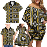Fiji Masi Tapa Pattern Yellow Family Matching Off Shoulder Short Dress and Hawaiian Shirt - Polynesian Pride