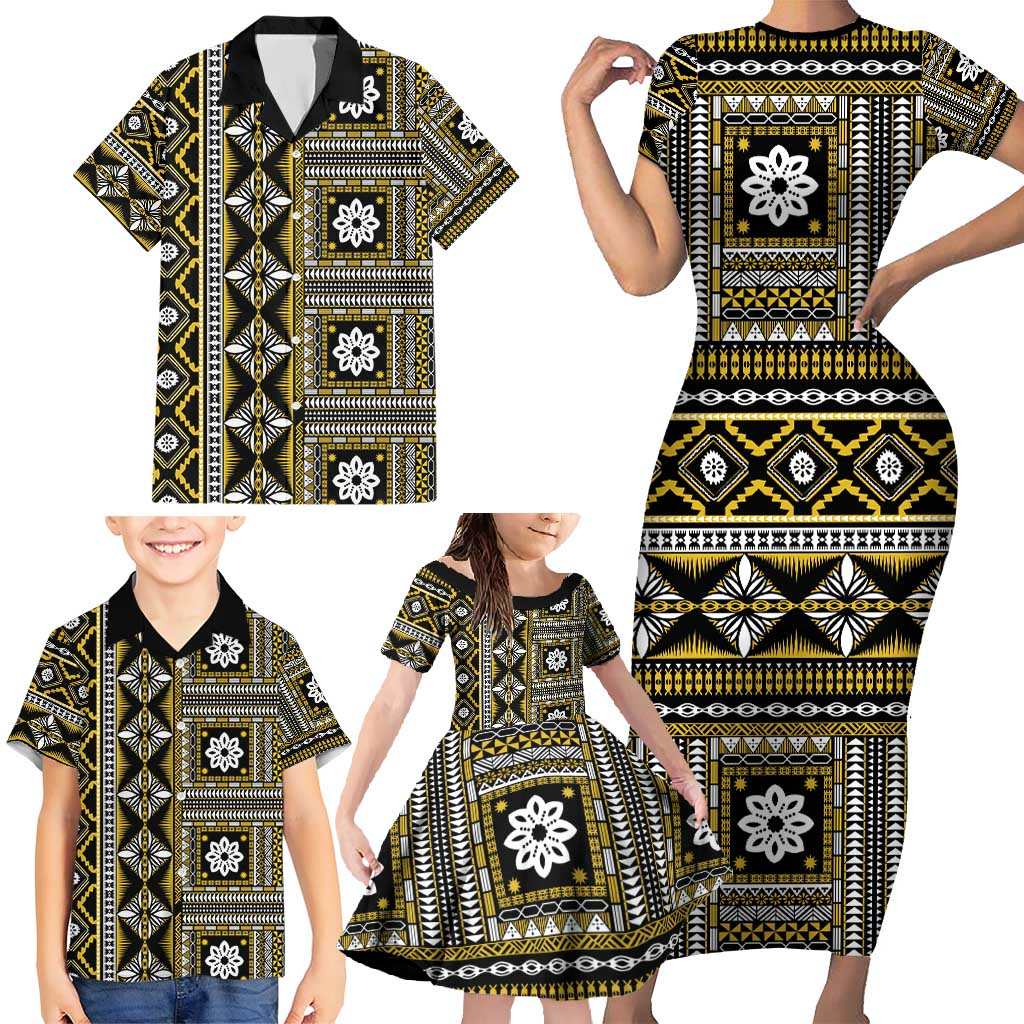 Fiji Masi Tapa Pattern Yellow Family Matching Short Sleeve Bodycon Dress and Hawaiian Shirt - Polynesian Pride