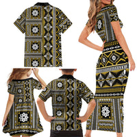 Fiji Masi Tapa Pattern Yellow Family Matching Short Sleeve Bodycon Dress and Hawaiian Shirt - Polynesian Pride
