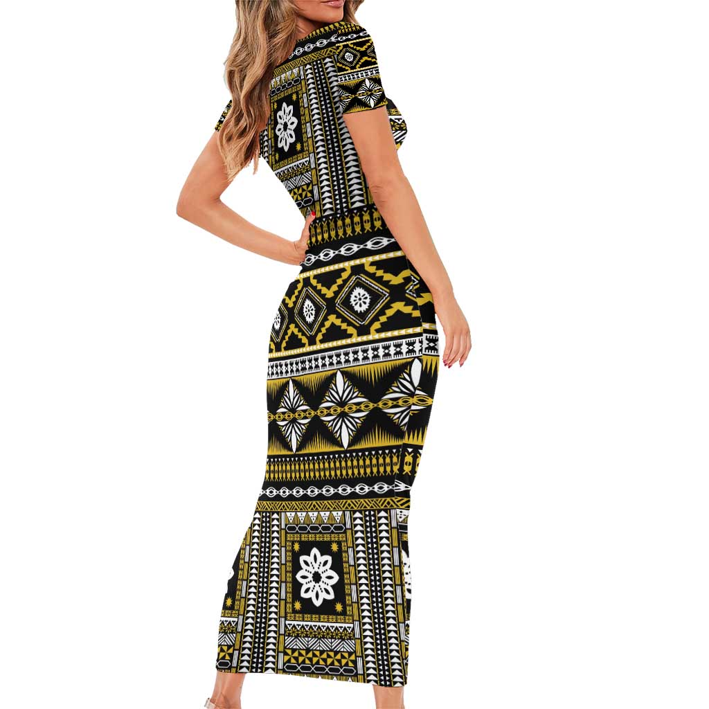 Fiji Masi Tapa Pattern Yellow Family Matching Short Sleeve Bodycon Dress and Hawaiian Shirt - Polynesian Pride