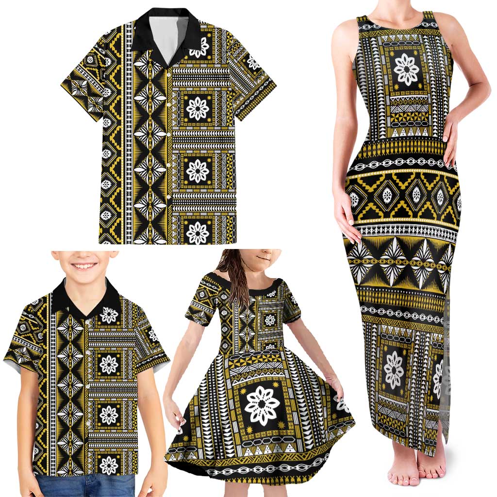 Fiji Masi Tapa Pattern Yellow Family Matching Tank Maxi Dress and Hawaiian Shirt - Polynesian Pride
