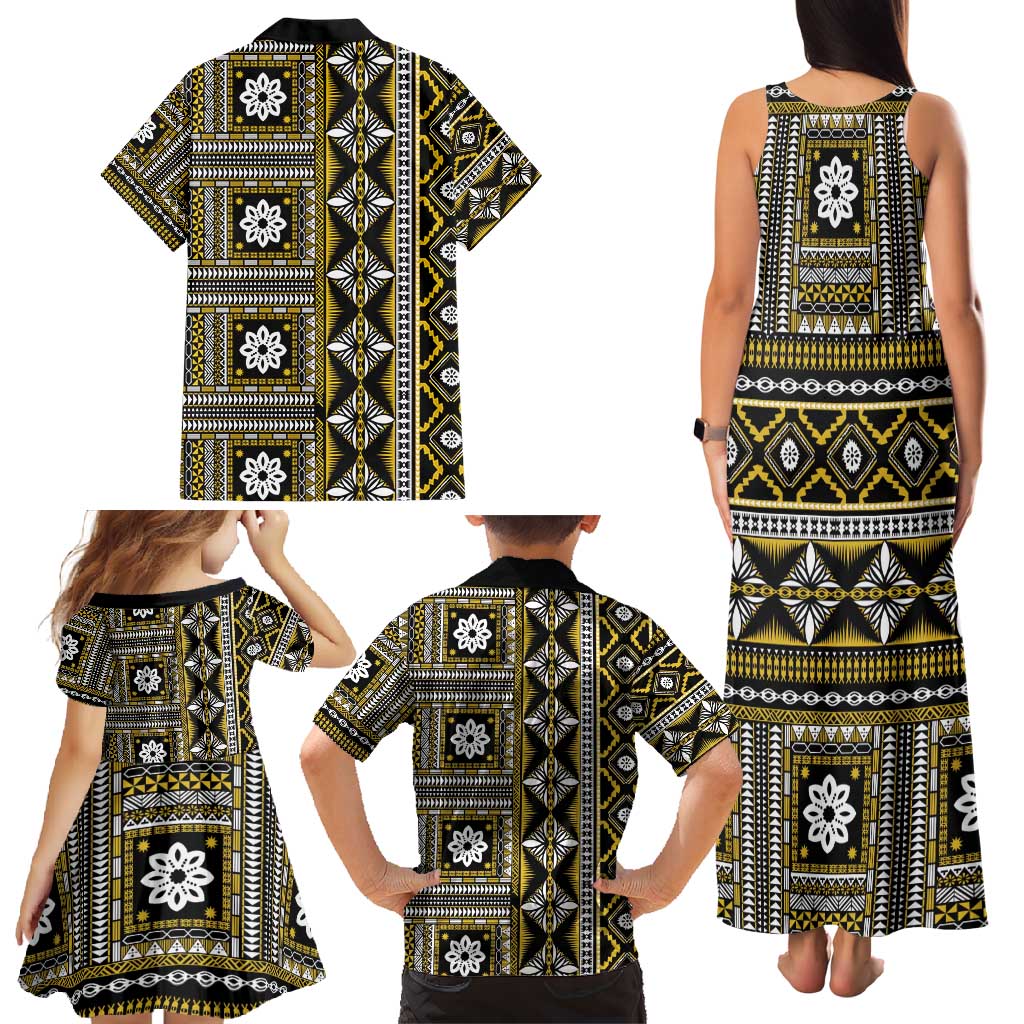 Fiji Masi Tapa Pattern Yellow Family Matching Tank Maxi Dress and Hawaiian Shirt - Polynesian Pride