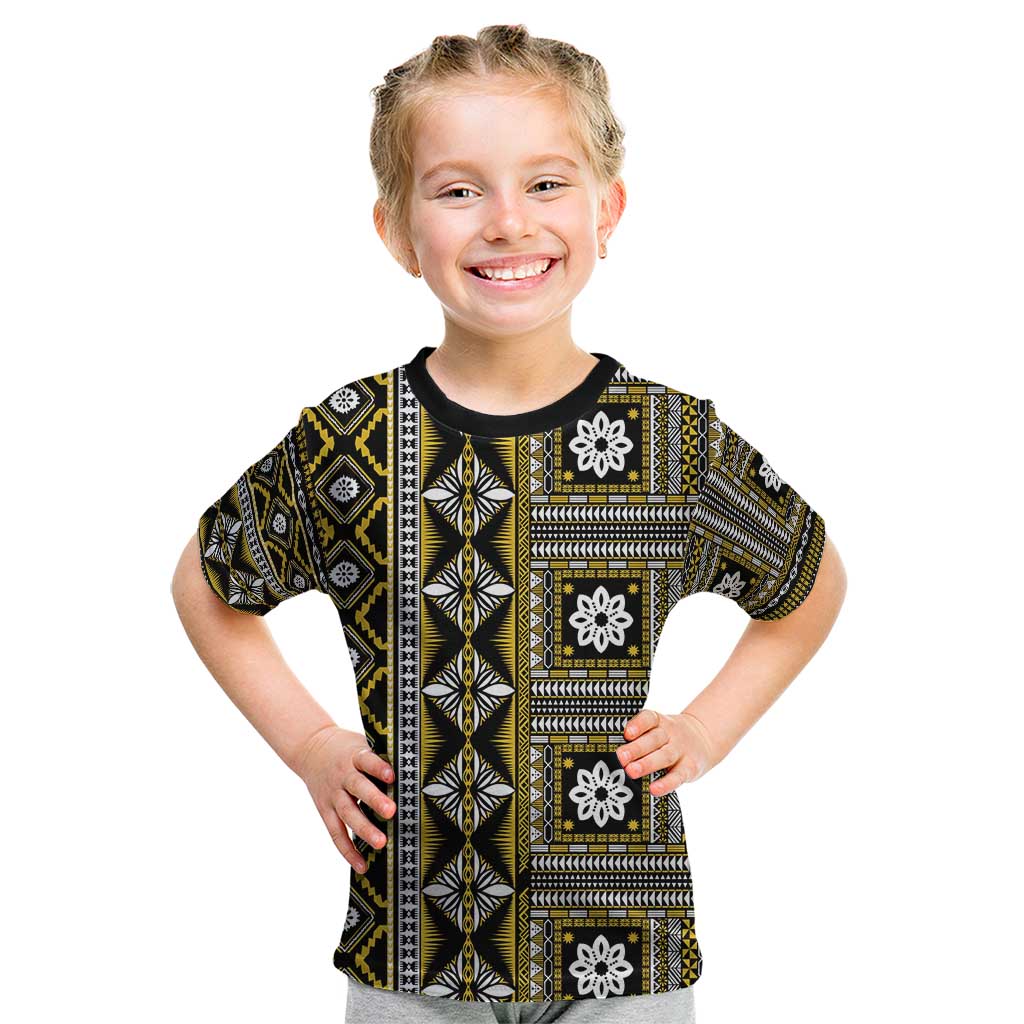 Fiji Masi Tapa Pattern Yellow Kid T Shirt - Polynesian Pride