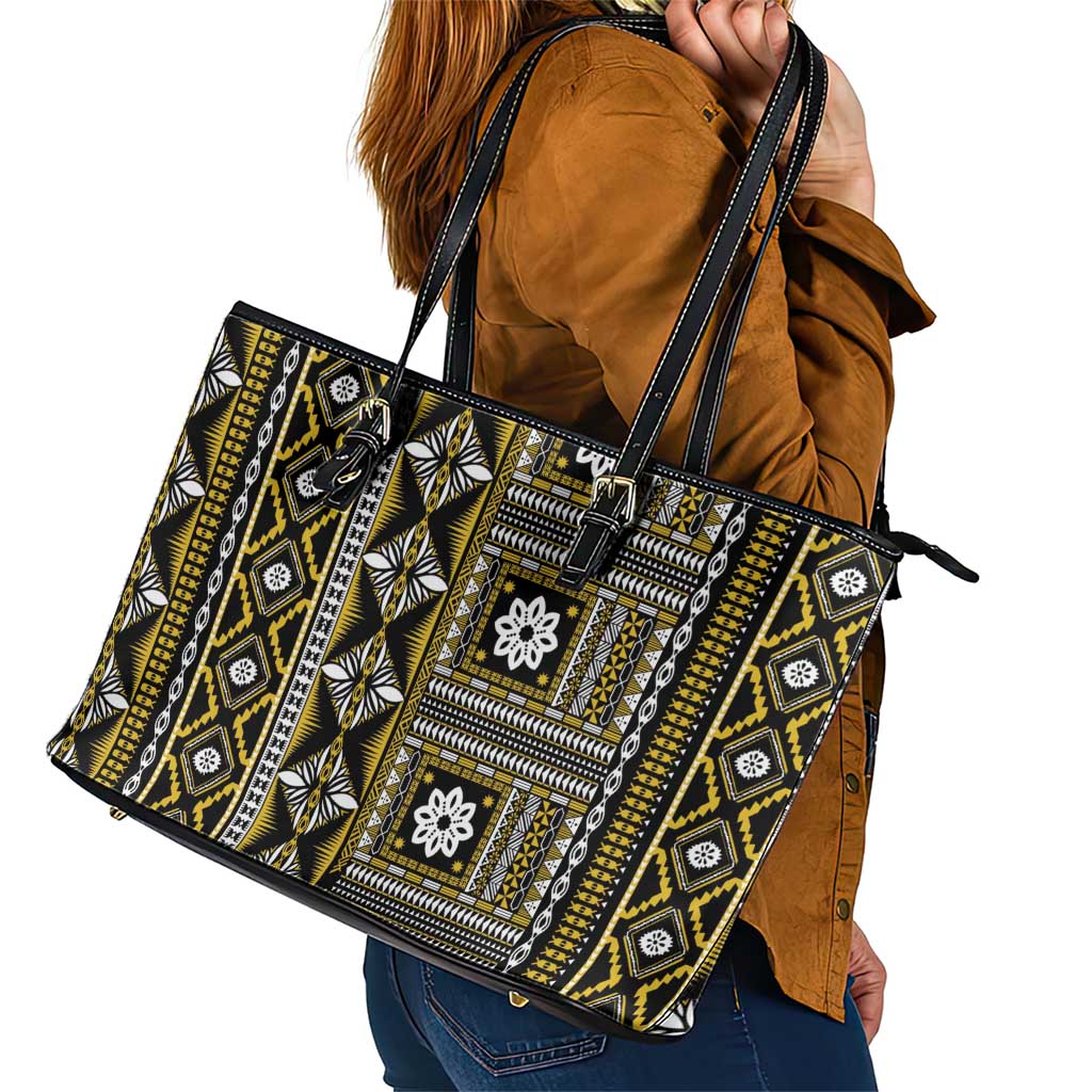 Fiji Masi Tapa Pattern Yellow Leather Tote Bag - Polynesian Pride
