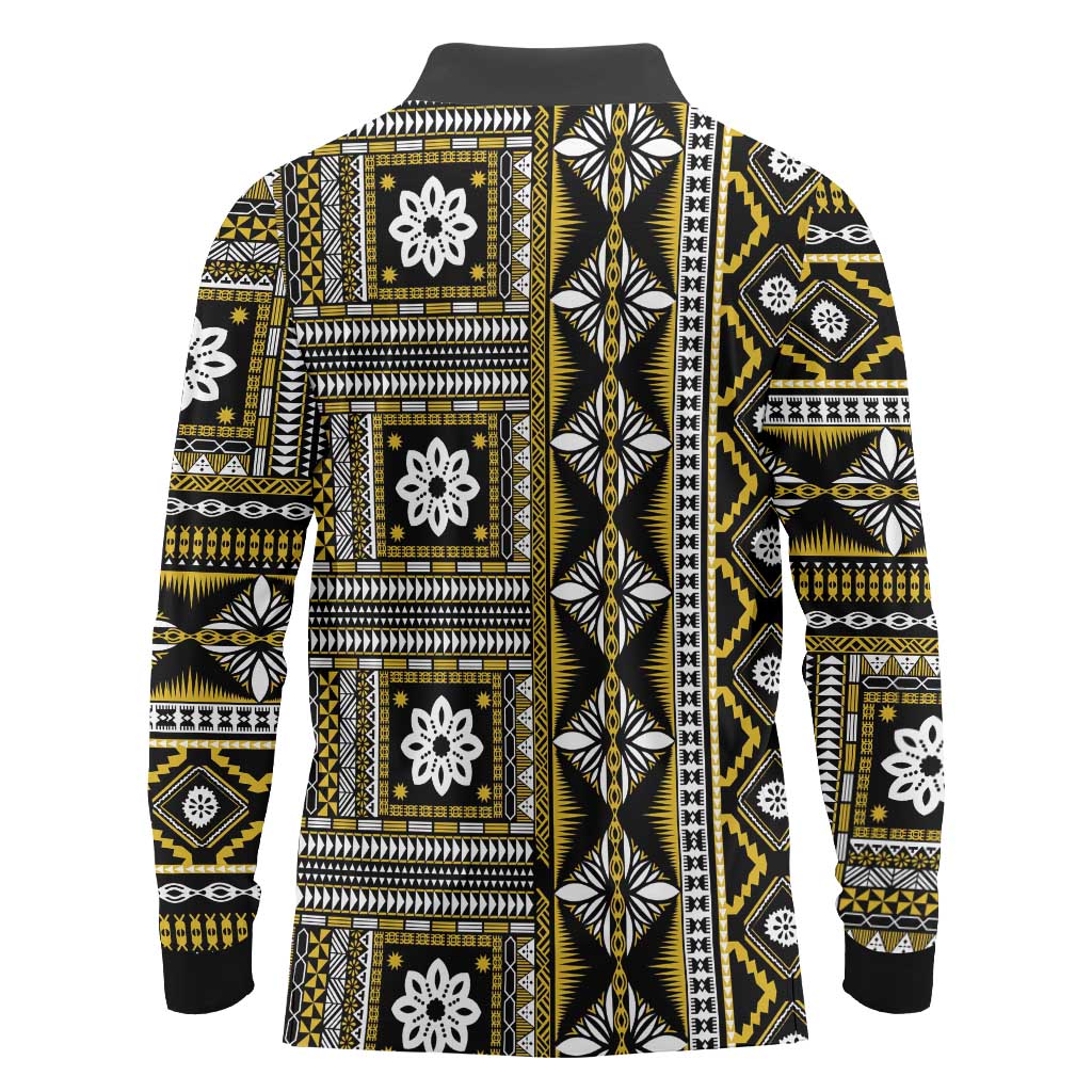 Fiji Masi Tapa Pattern Yellow Long Sleeve Polo Shirt - Polynesian Pride