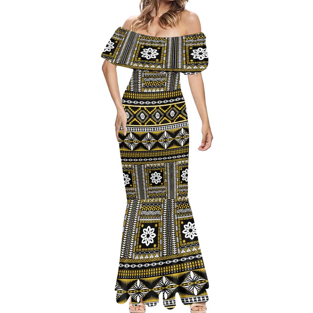 Fiji Masi Tapa Pattern Yellow Mermaid Dress - Polynesian Pride